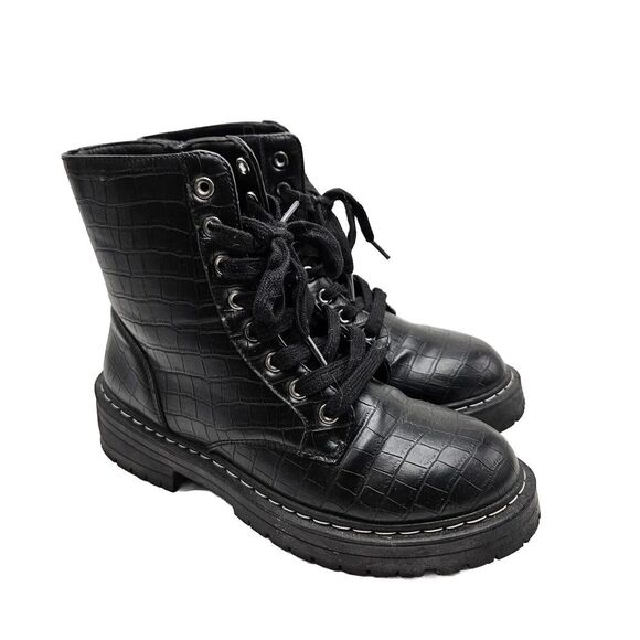 Sugar Combat Boots Womens Kaedy Size 8 M Black Textured Faux Gator 1/2 inch - Picture 3 of 10